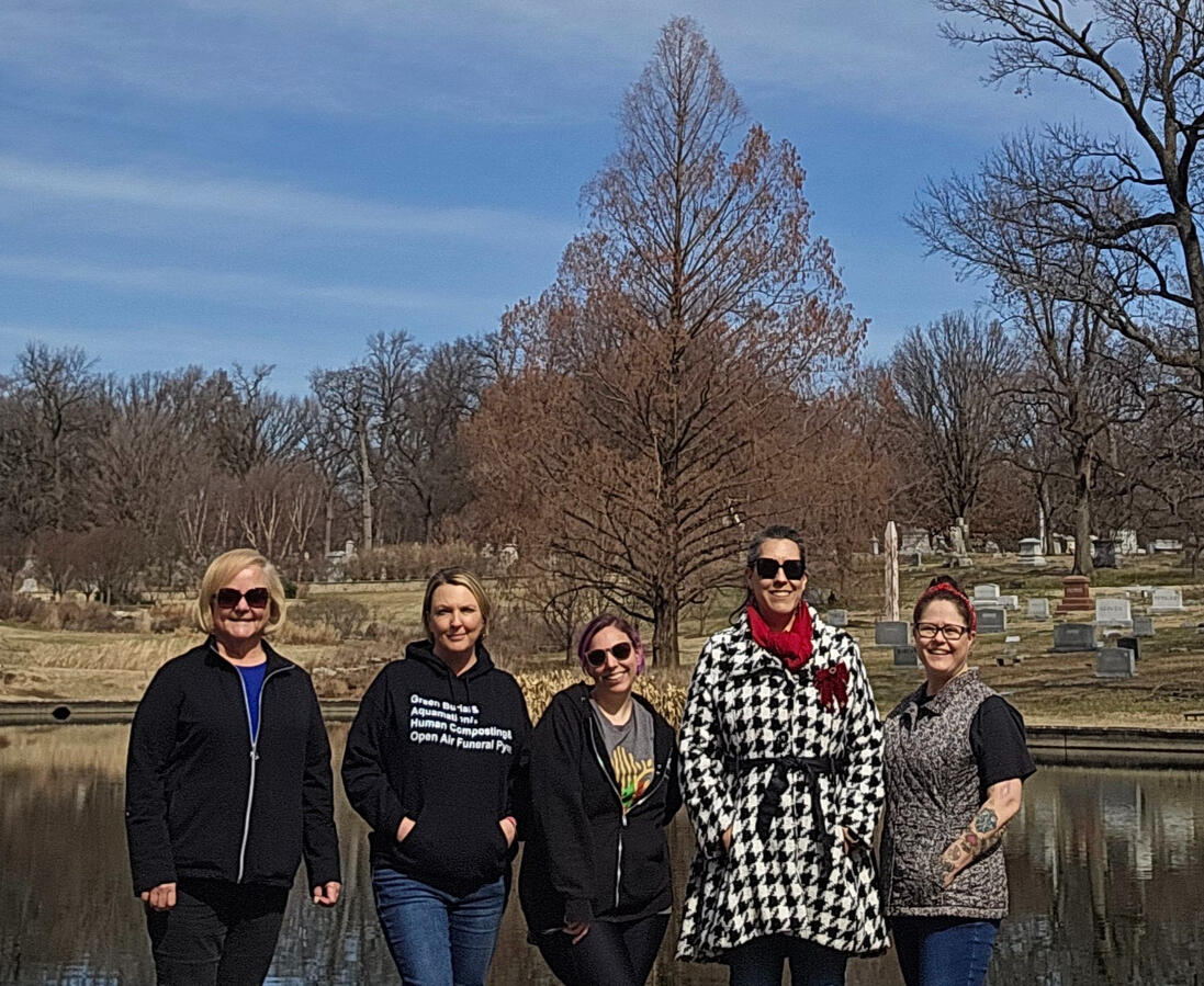 Midwest End of Life Doula Collective (MEOLDC) in Bellefontaine Cemetery From Left to Right: Joan Bretthauer, Gina Sheridan, Kristina Bohler Golden, Delaney Rhea, MollieShea Stephens