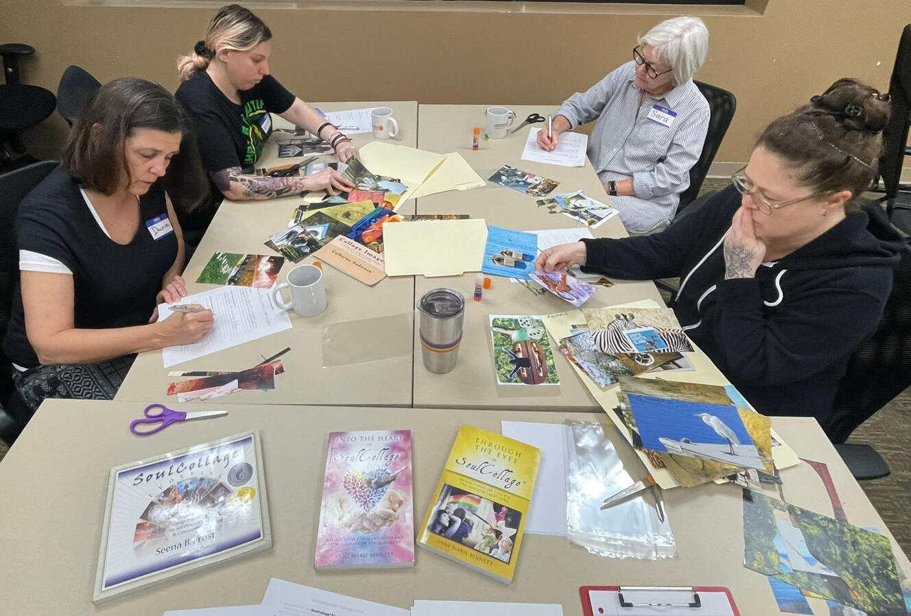 Members of the Midwest End of Life Doula Collective (MEOLDC) gather to learn about soul collage from Eileen Wolfington. Pictured from left to right, top to bottom: Kristina Bohler Golden, Sara Doll, Dana Wojtan, Mollieshea Stephens